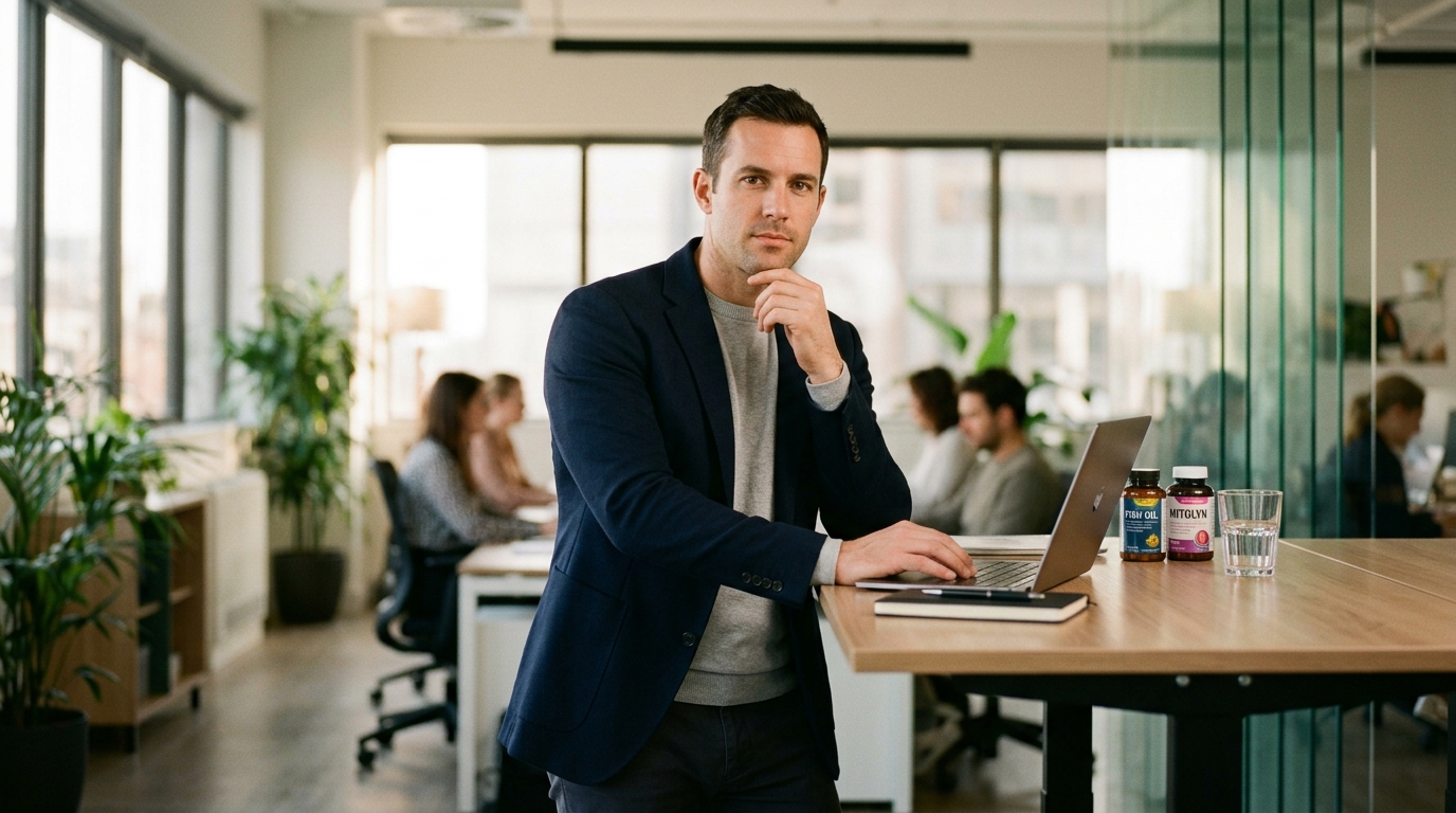 confident man at office desk with supplement choices