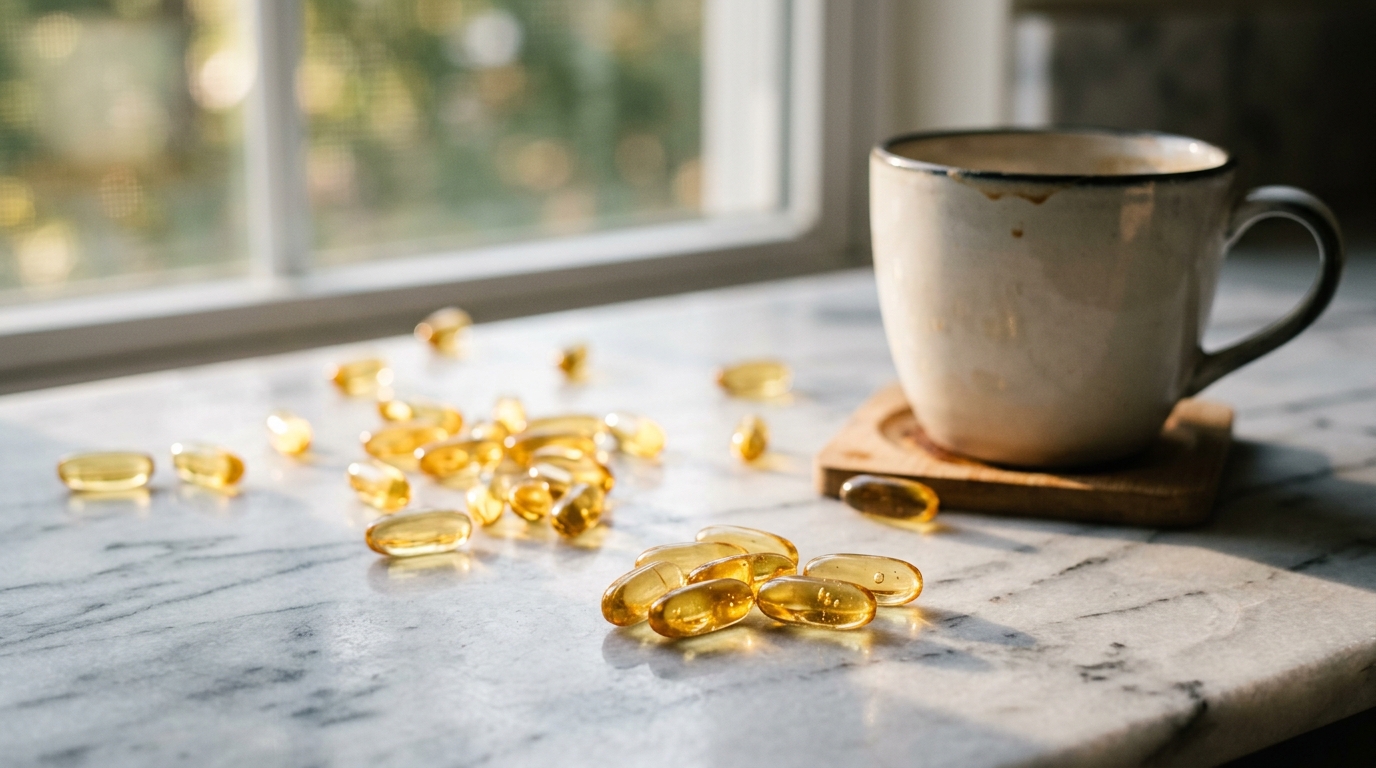 fish oil capsules scattered on marble surface