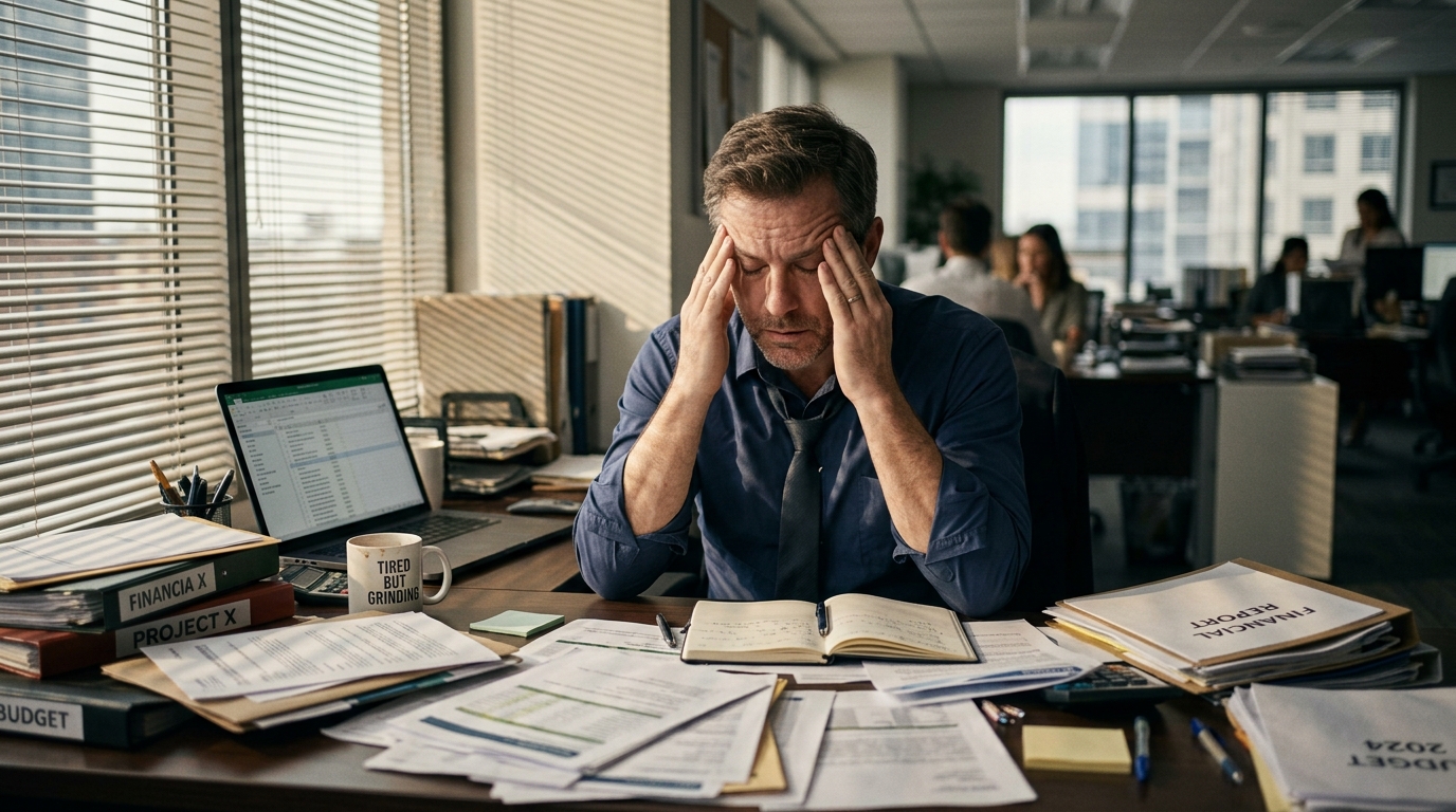 exhausted businessman experiencing afternoon energy crash