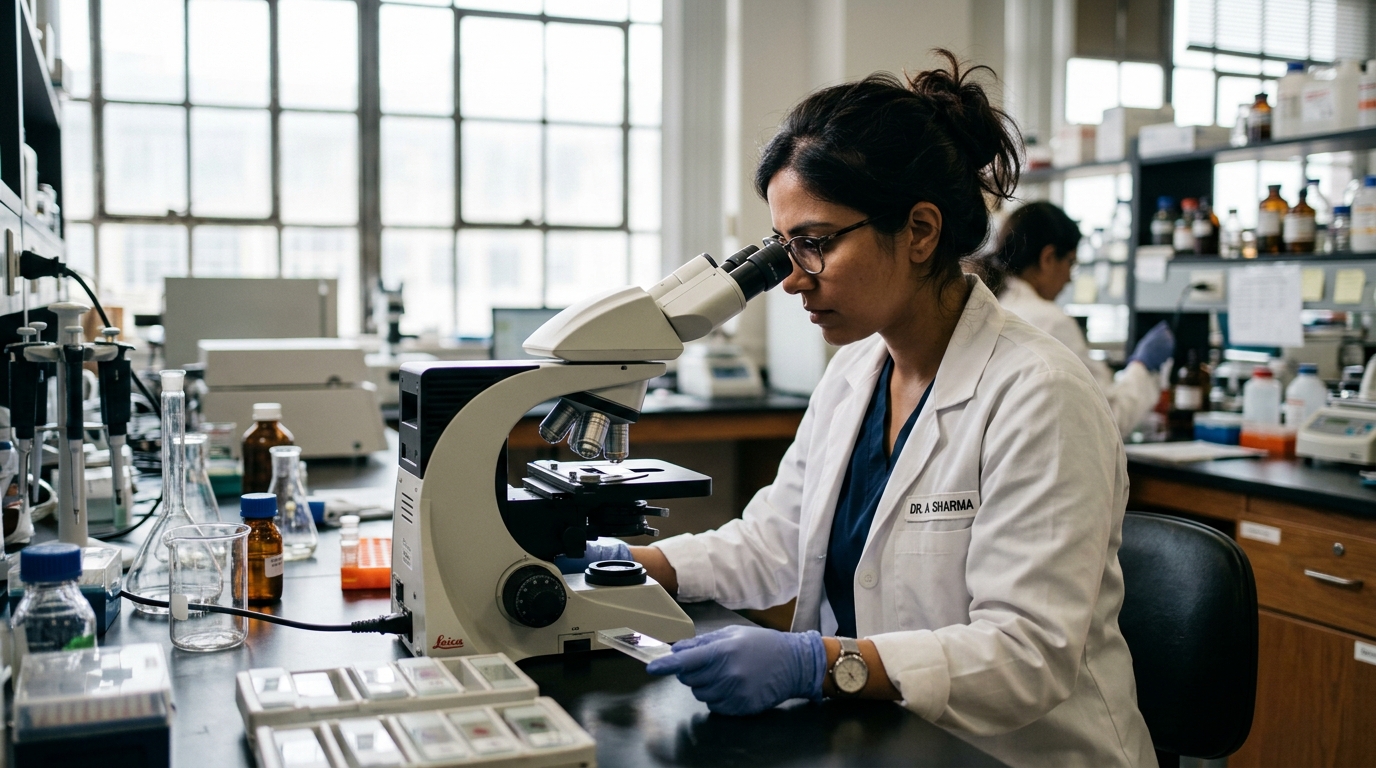 scientist examining cellular samples under microscope