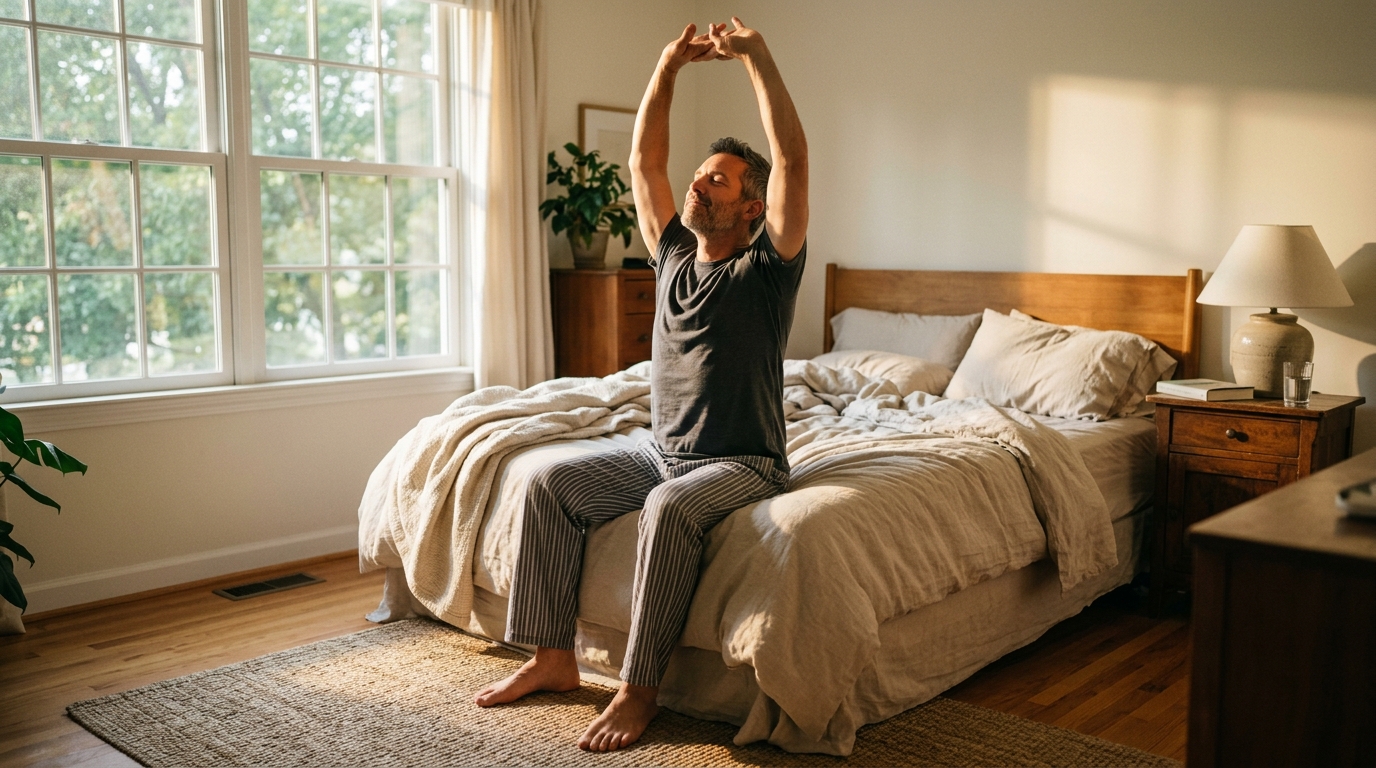 man waking up naturally refreshed in morning sunlight
