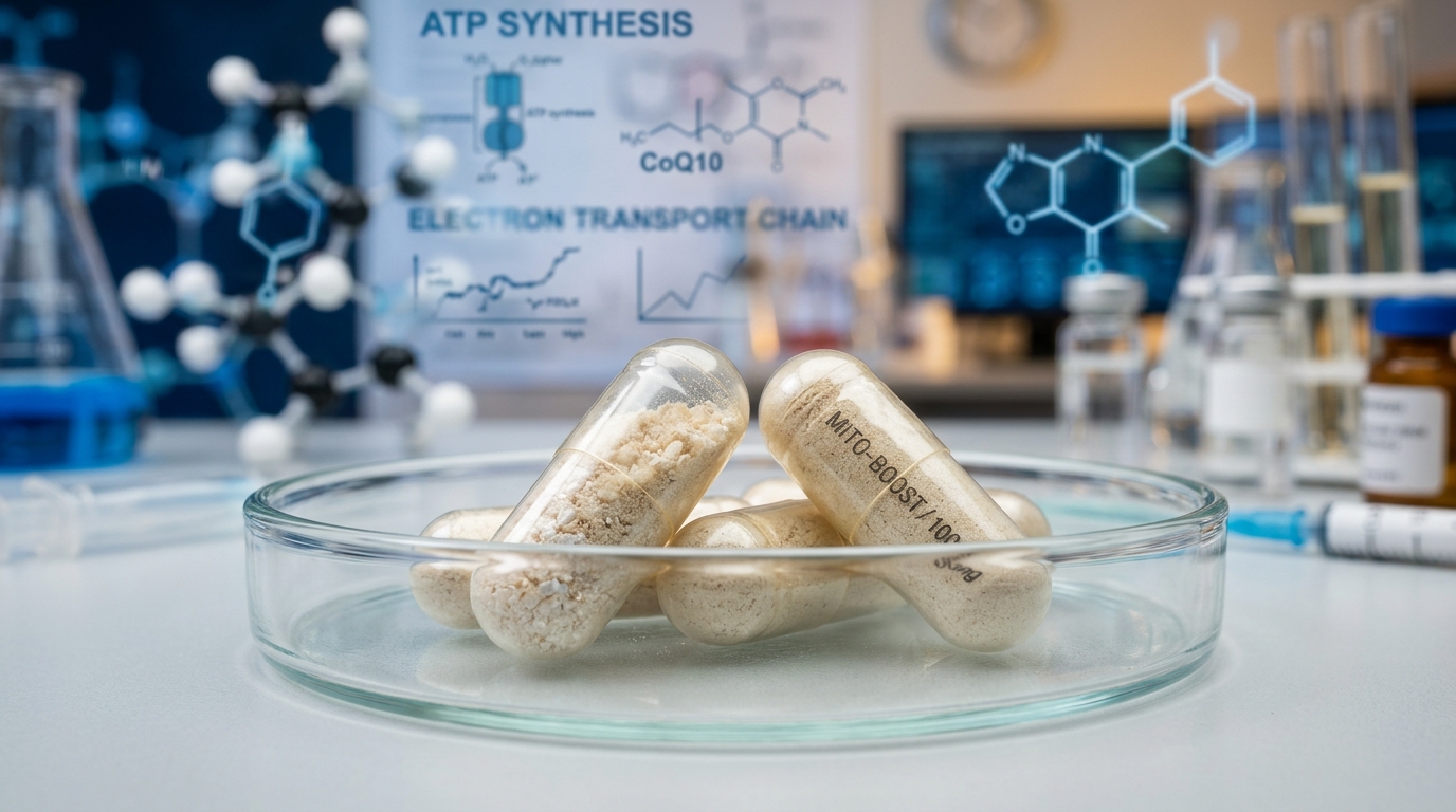 supplement capsules with molecular structure background