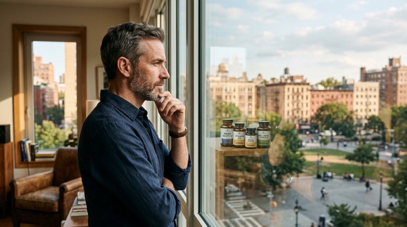 man contemplating supplement choices by window