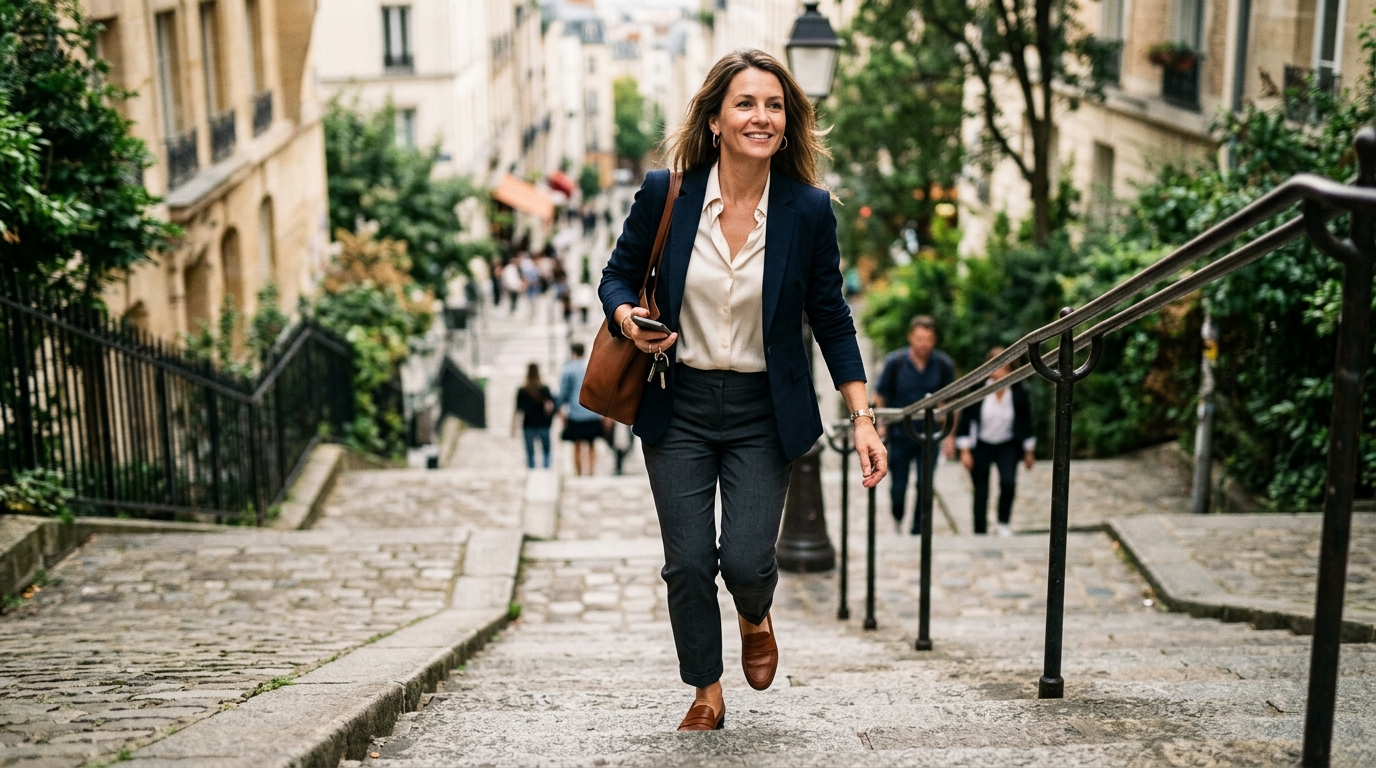 confident woman climbing stairs with purpose
