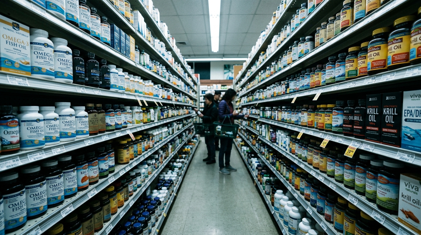 supplement store omega-3 aisle overwhelming selection