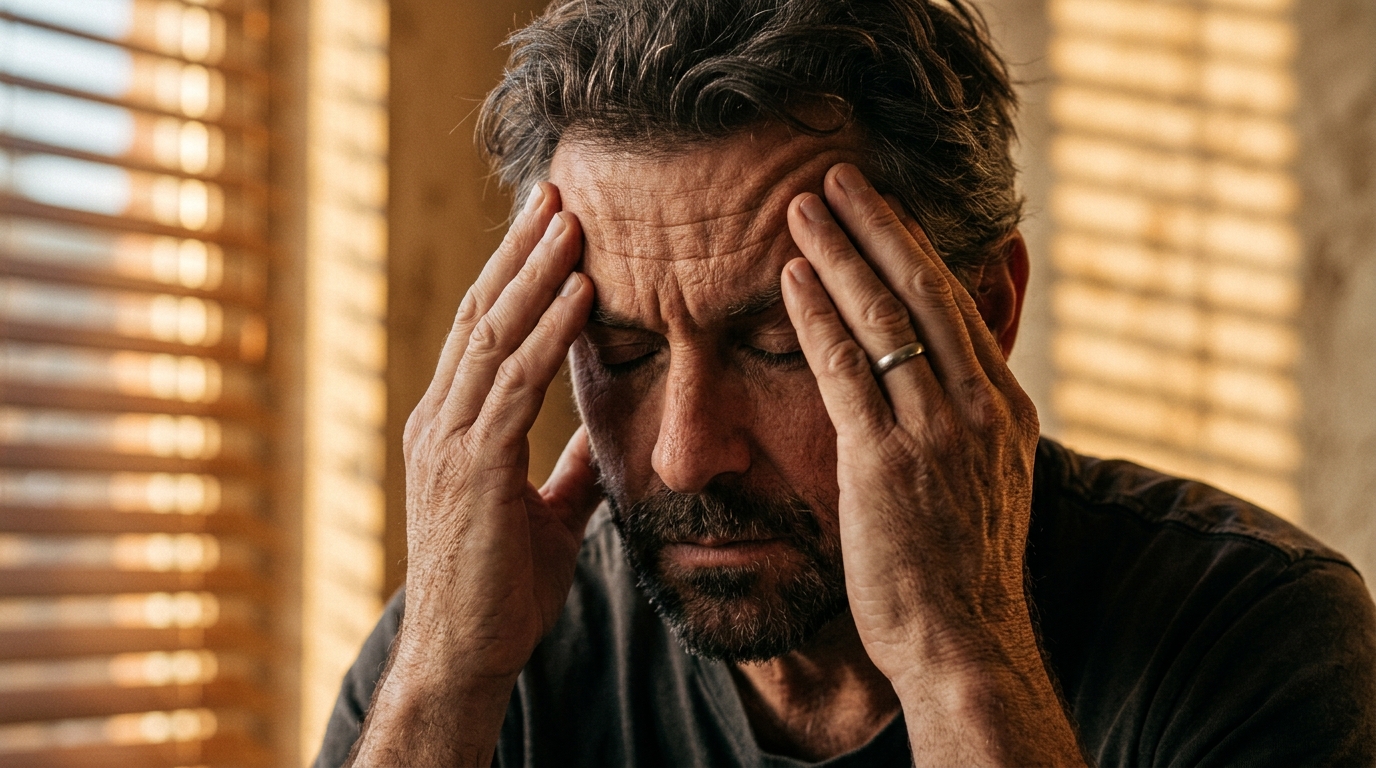man contemplating physical symptoms with concern