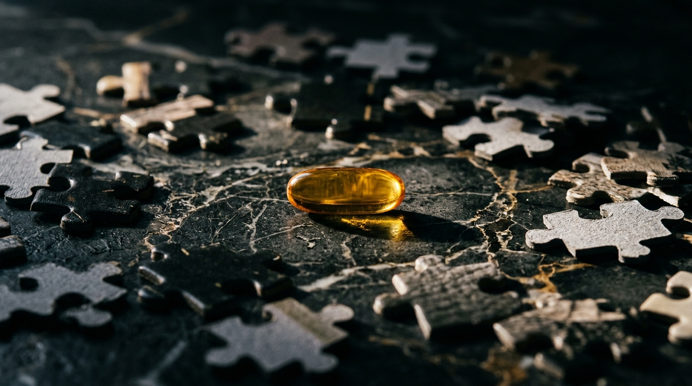 single omega-3 capsule surrounded by puzzle pieces