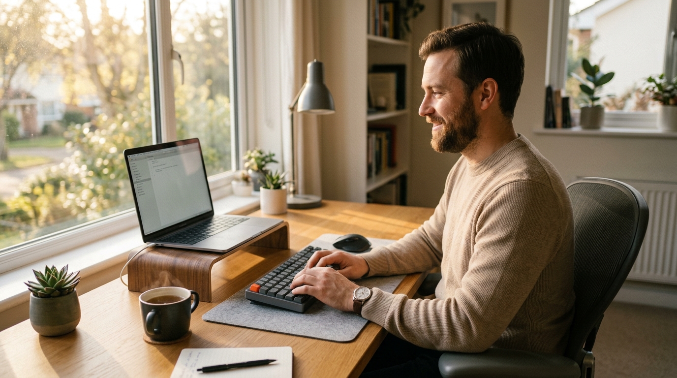 man working comfortably at morning desk routine
