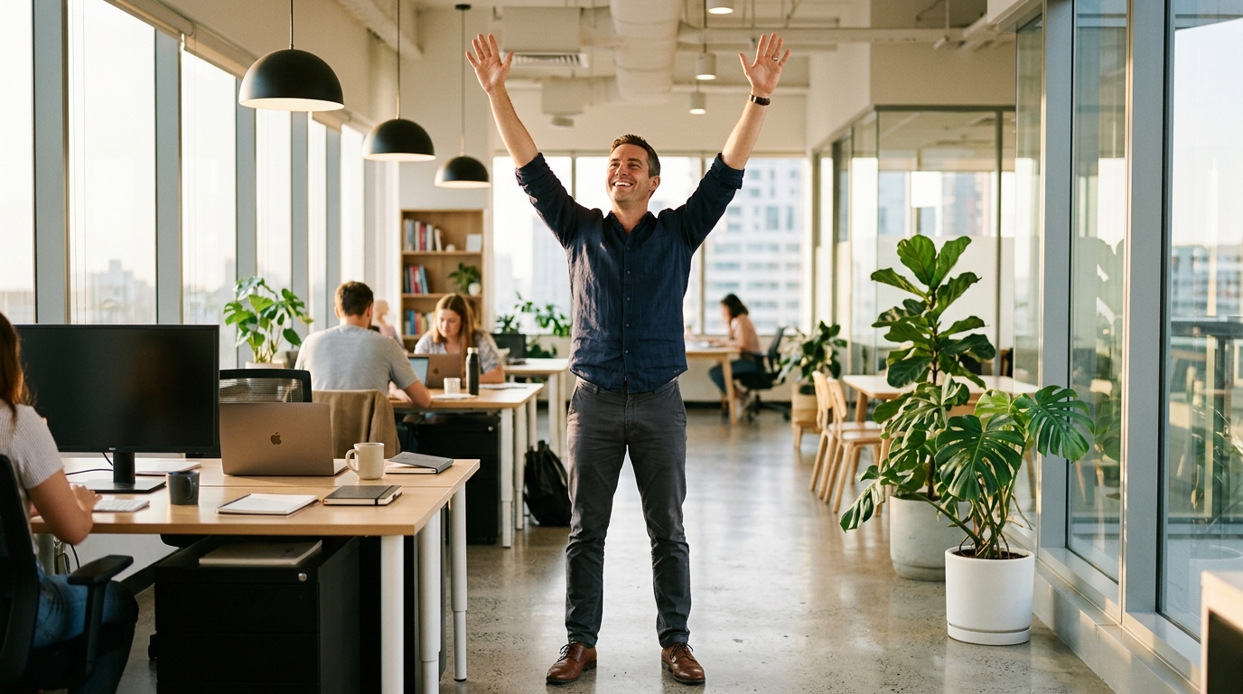 man stretching with energy in bright office