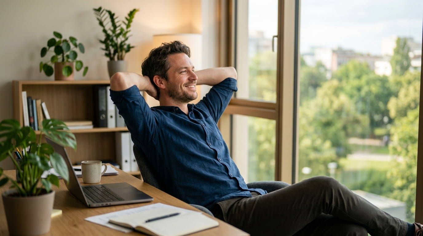 man relaxing with satisfied expression looking out window