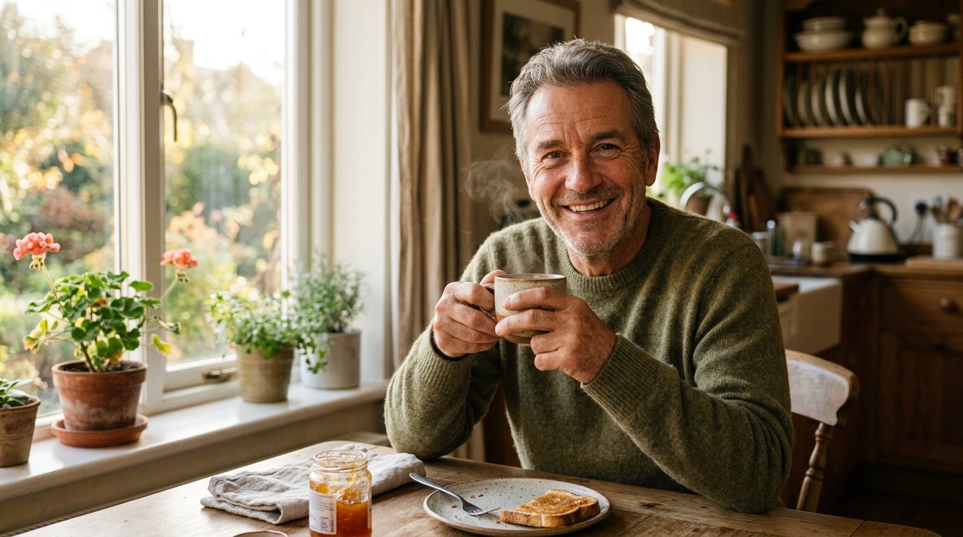 man at breakfast table morning light pleasant surprise expression