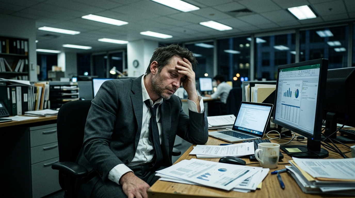 tired businessman working late office fluorescent lighting