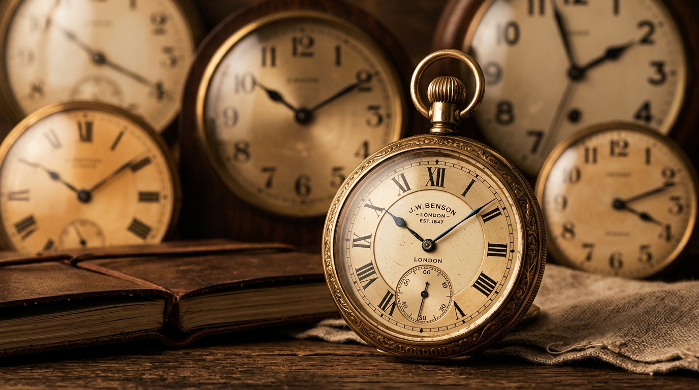 antique pocket watch layered with clock faces sepia tones