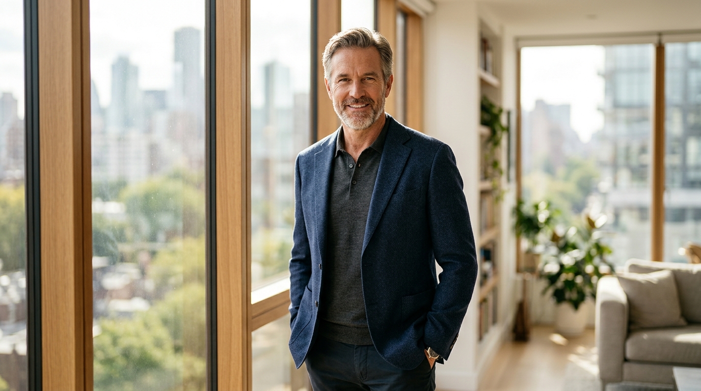 confident mature man by windows natural rim lighting