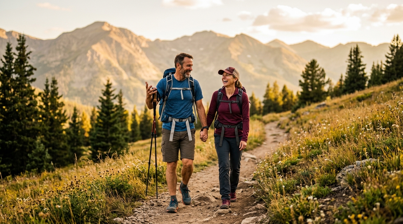 couple hiking together in golden afternoon light