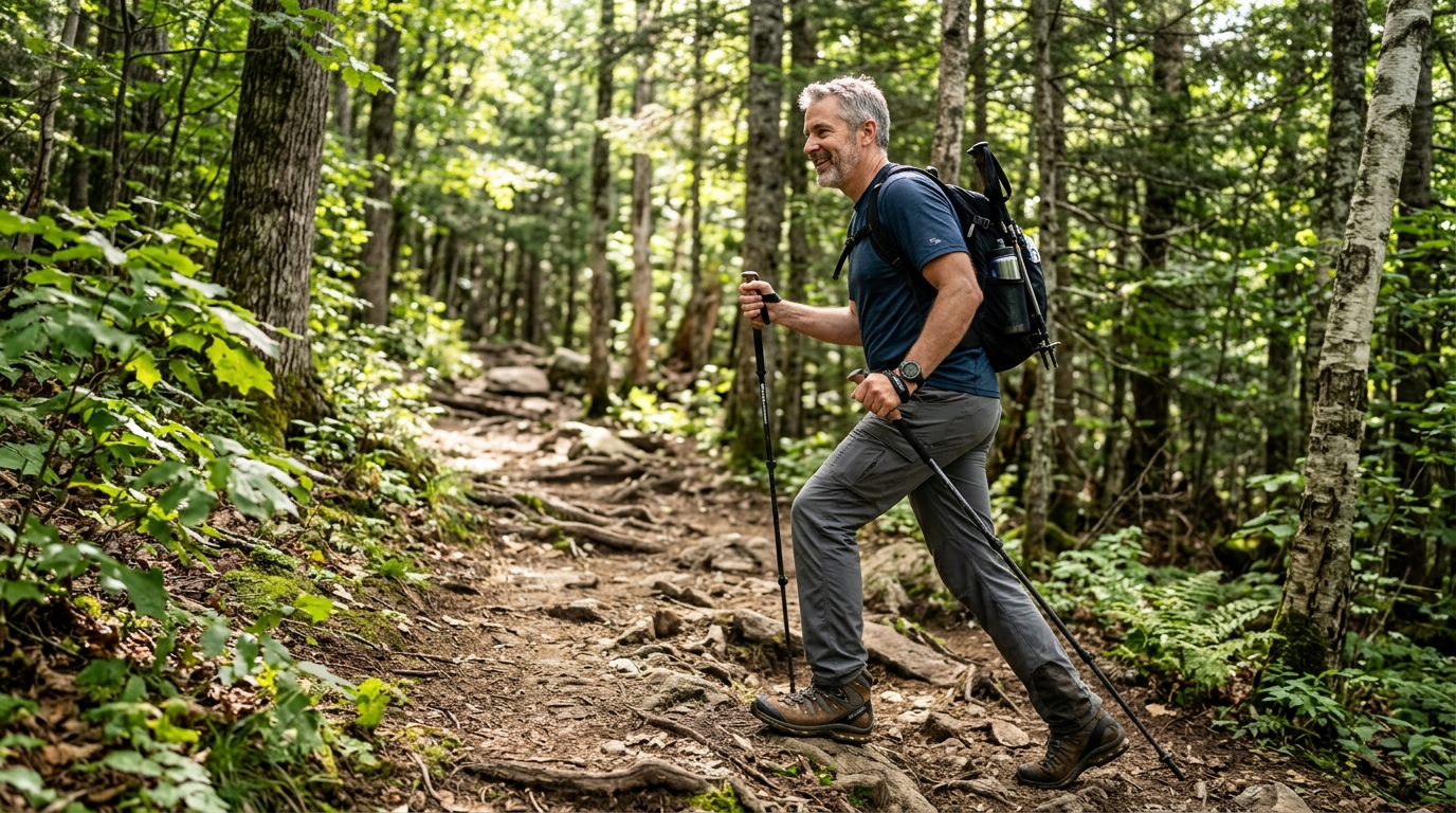 man hiking forest trail confident natural stride