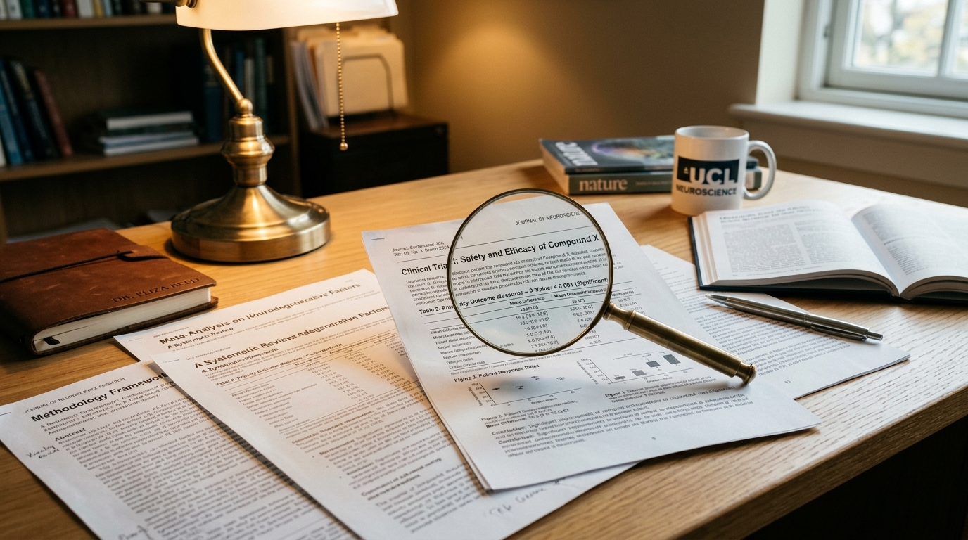 clinical research papers magnifying glass desk