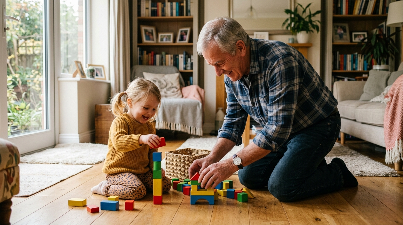grandfather kneeling playing blocks with child comfortable