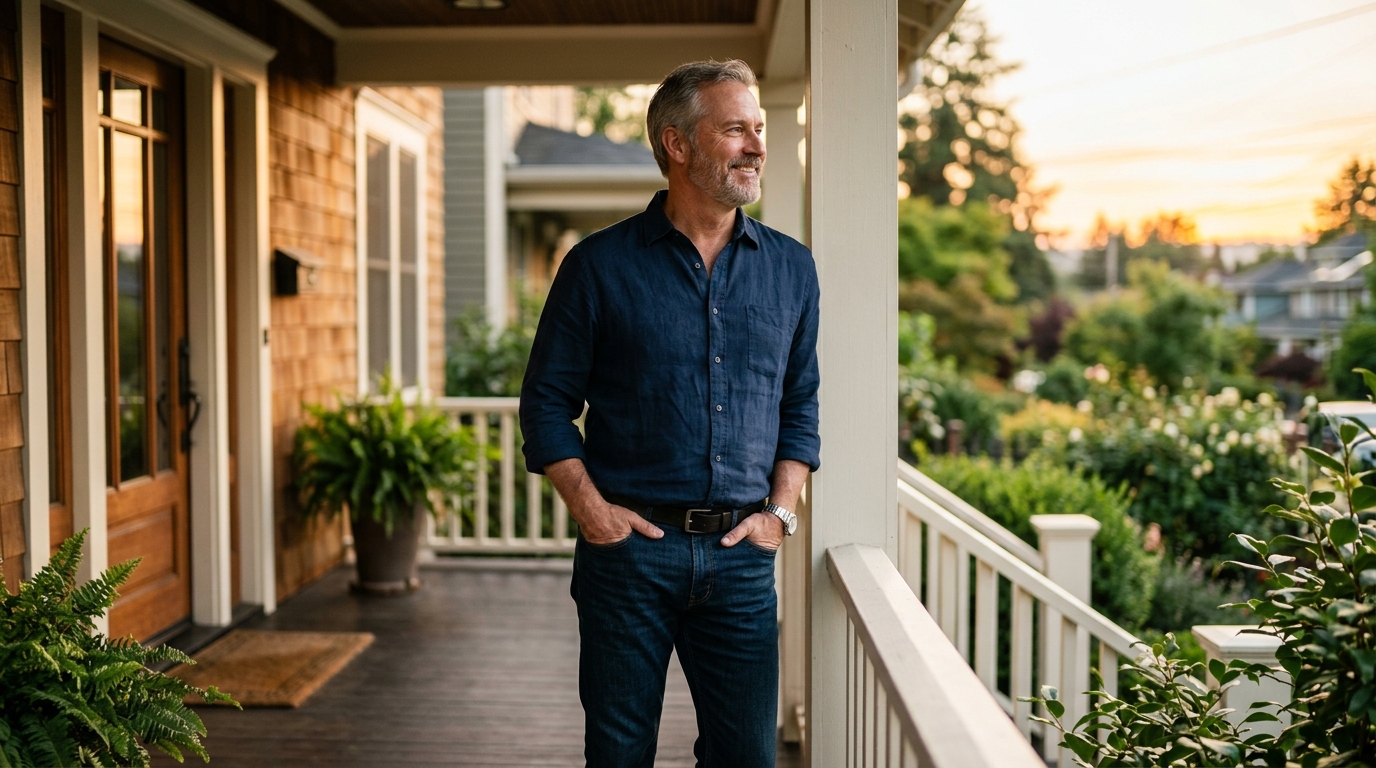 mature man confident porch golden hour satisfied