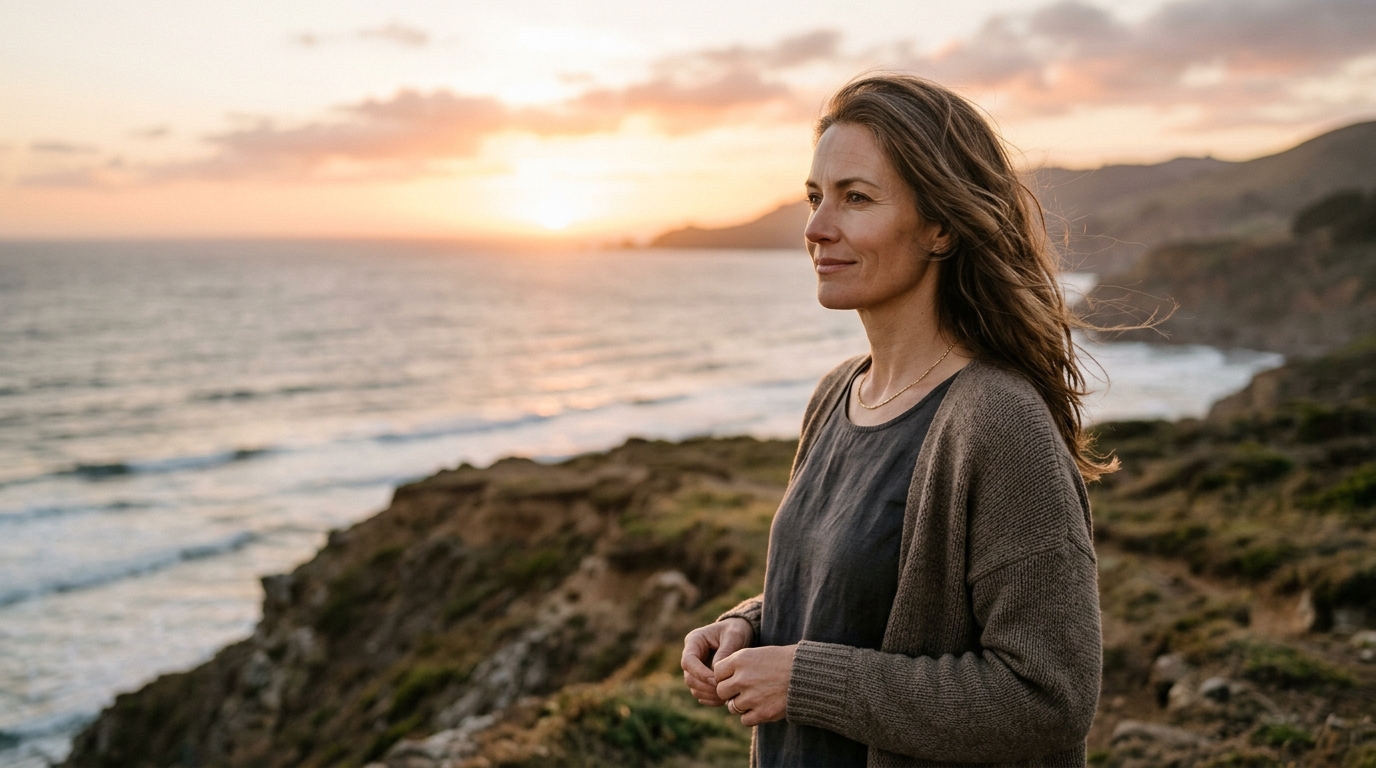 Woman gazing confidently toward sunset horizon