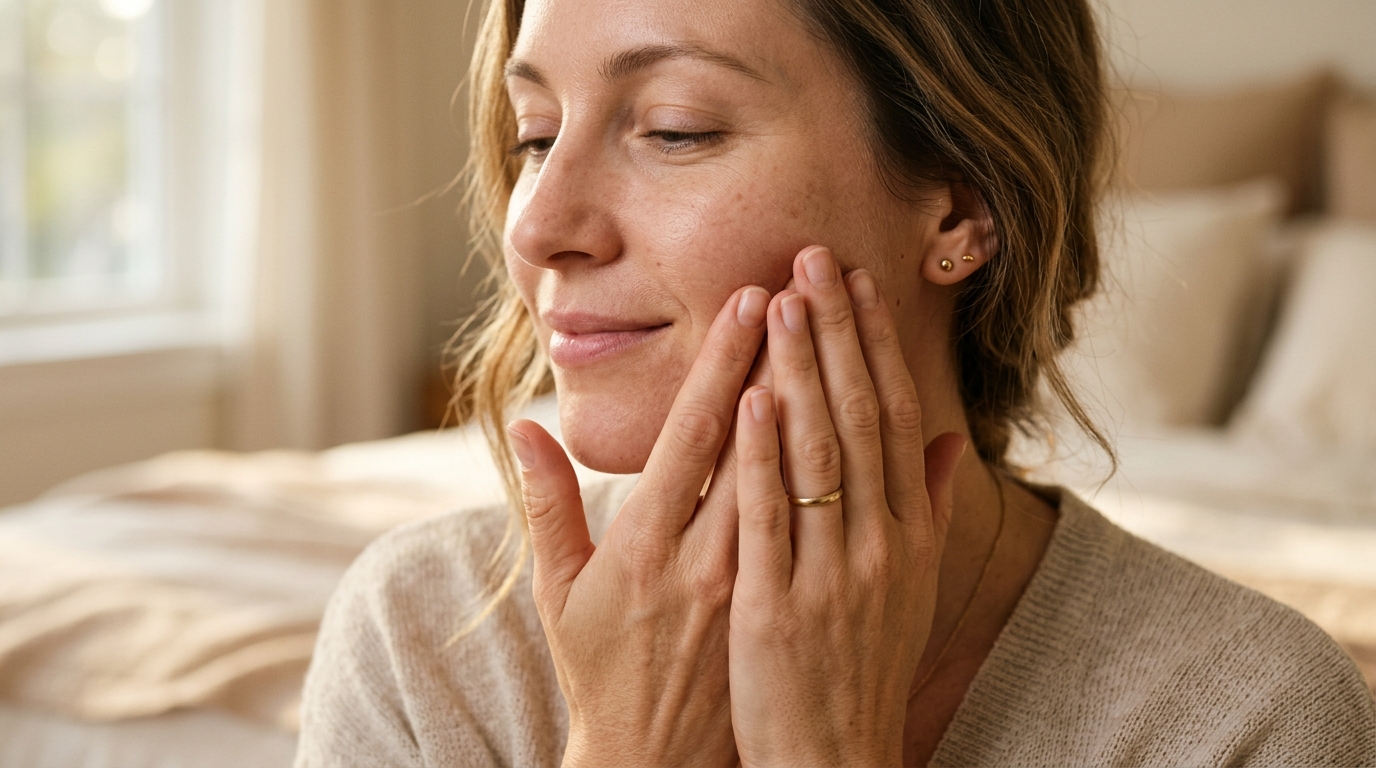 woman touching face checking skin health