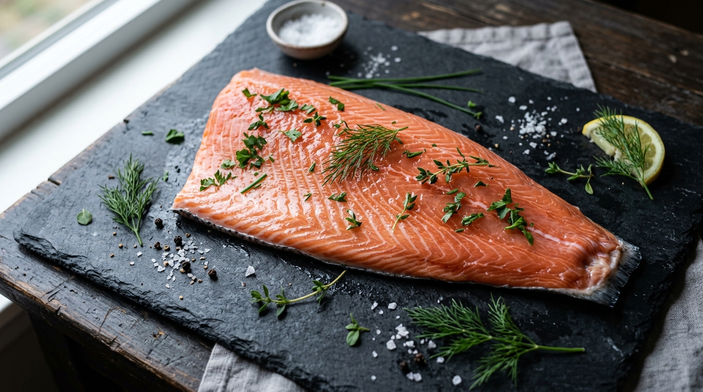 wild salmon fillet on dark slate surface
