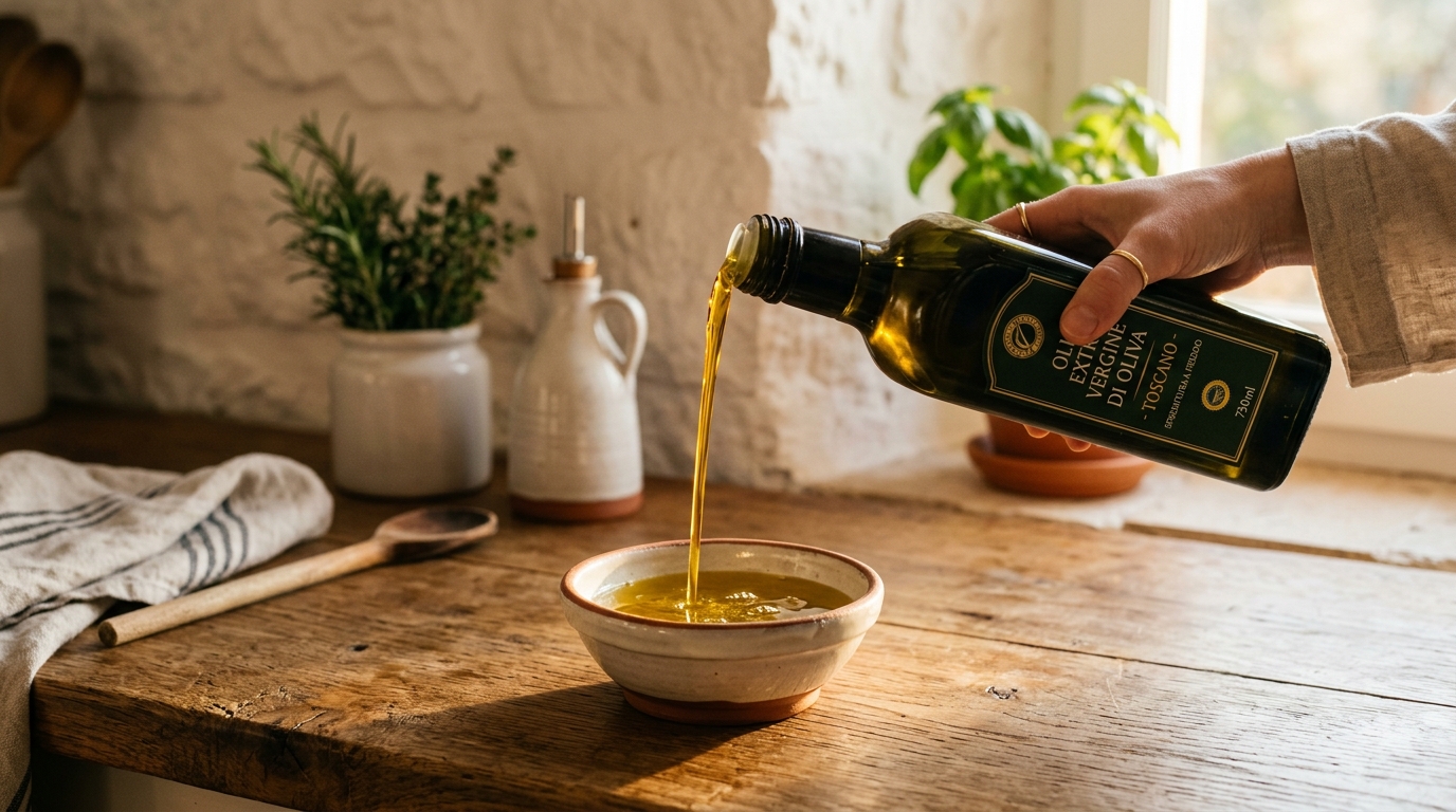 olive oil being poured from dark bottle