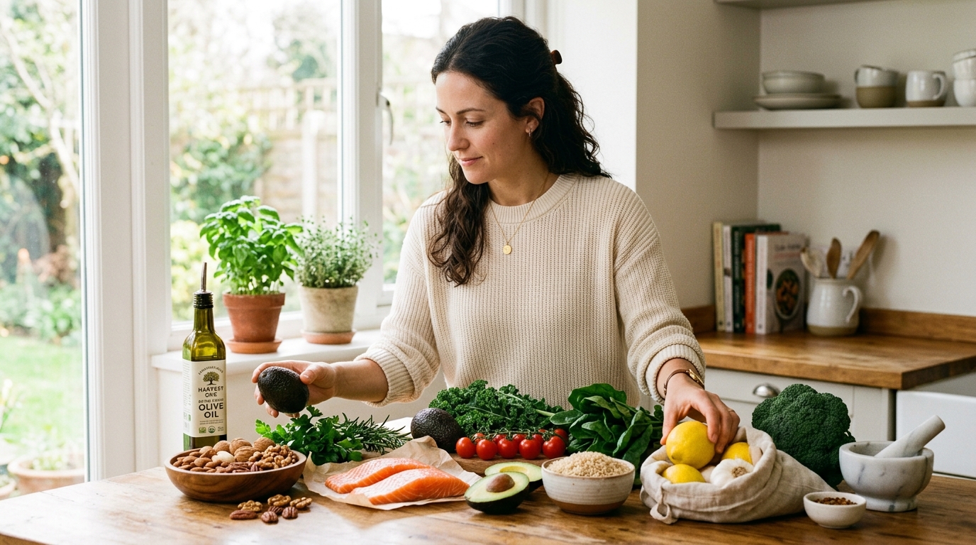 woman arranging healthy fats on counter