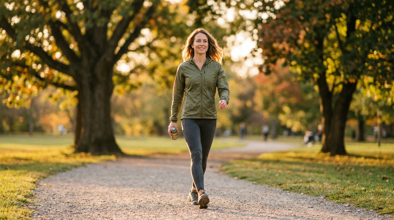 woman walking confidently in golden light
