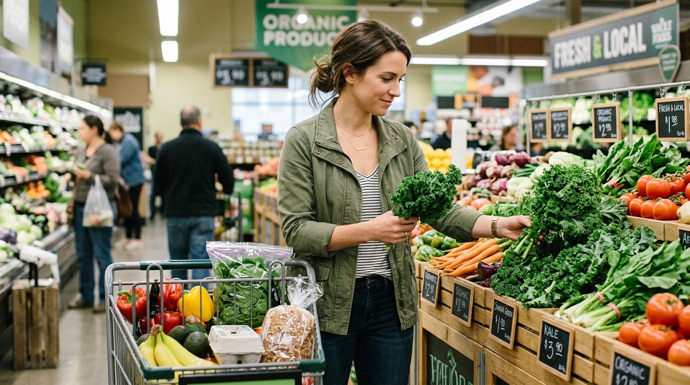 woman thoughtfully shopping for healthy foods