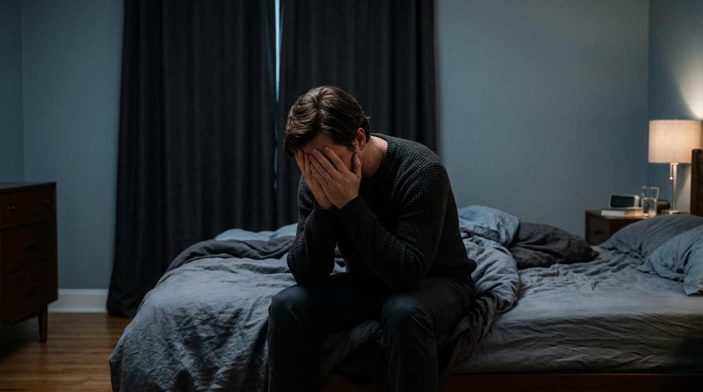exhausted man sitting on bed despite good sleep setup