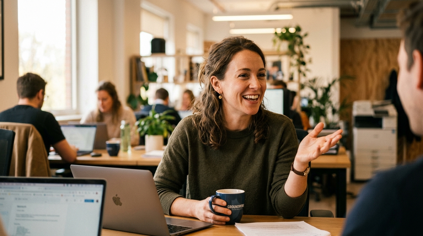 energetic woman colleague sharing helpful advice