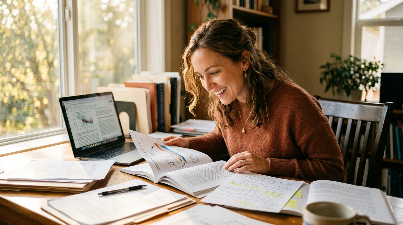 woman researching longevity science at morning desk
