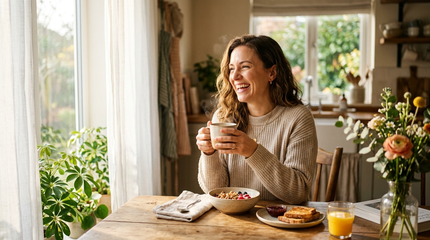 woman enjoying energized morning breakfast routine