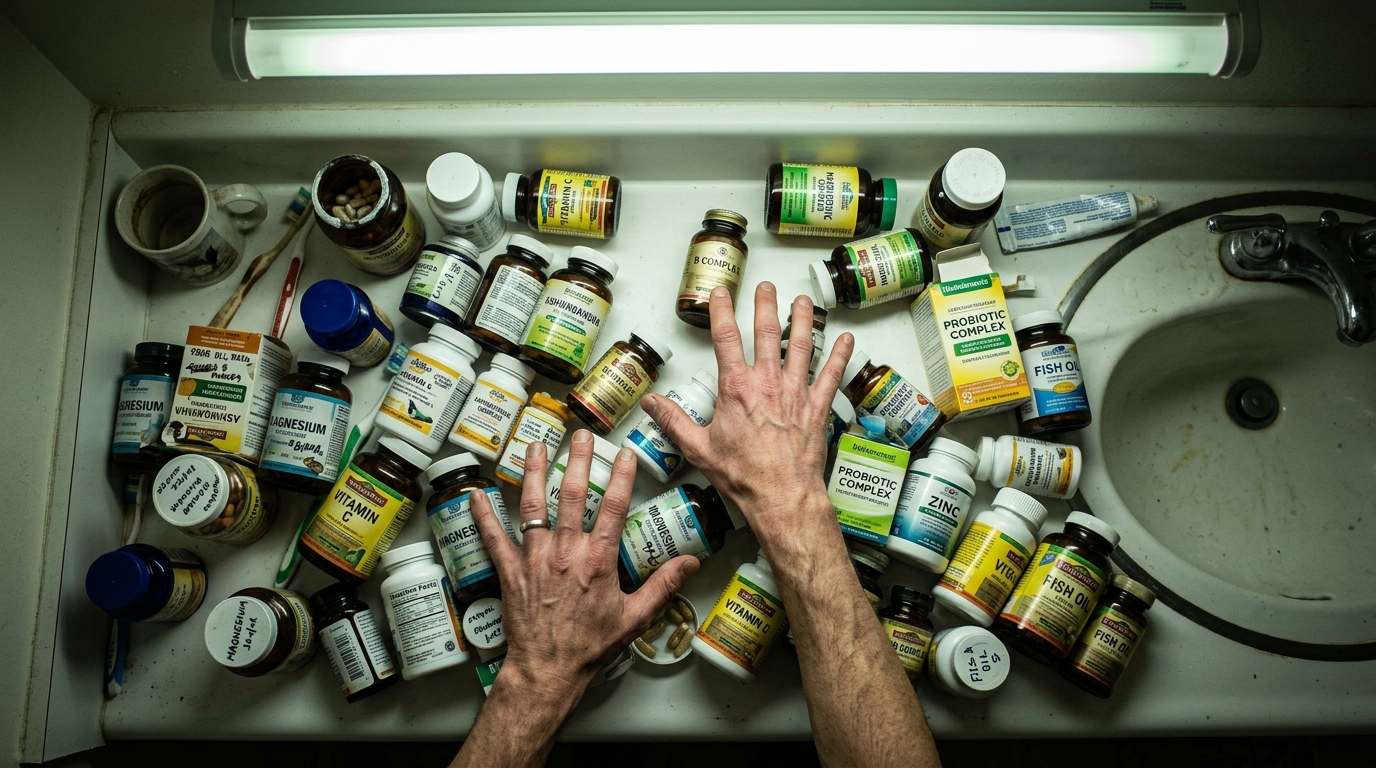 cluttered bathroom counter with multiple supplement bottles