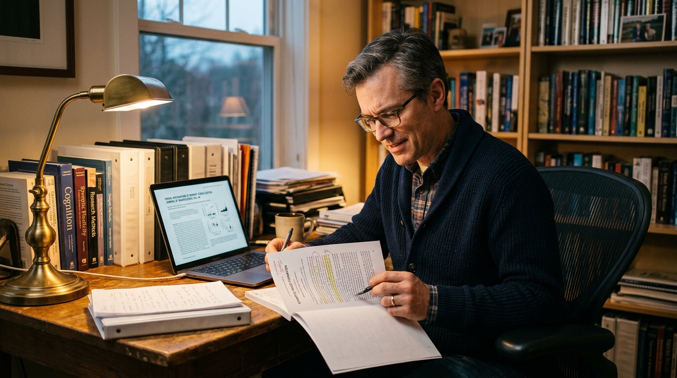 man researching anti-aging science at home office