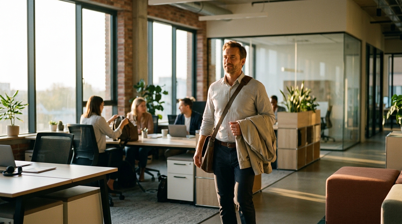 energetic man walking through office at day's end