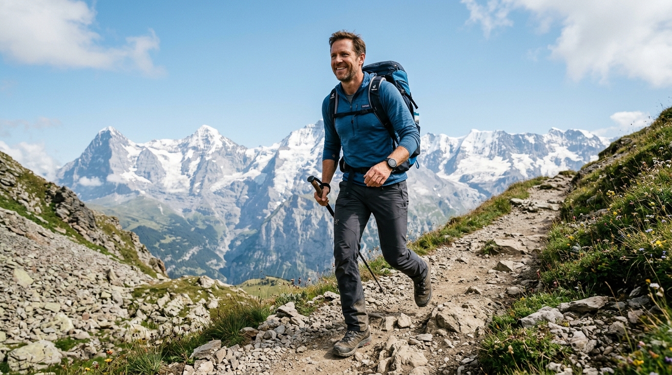 active man hiking mountain trail with confidence