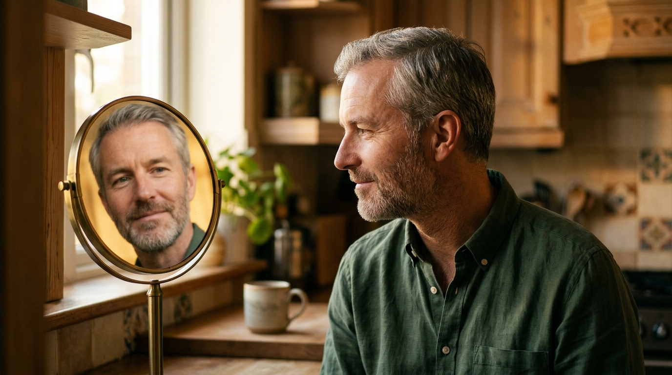 confident man looking in mirror with quiet satisfaction