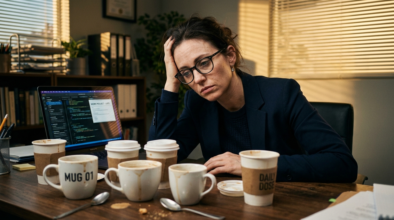 woman surrounded by empty coffee cups looking frustrated