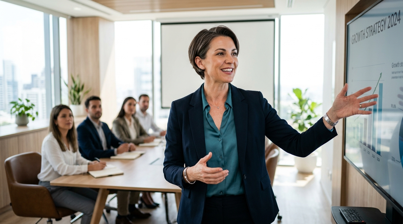confident woman presenting in bright conference room