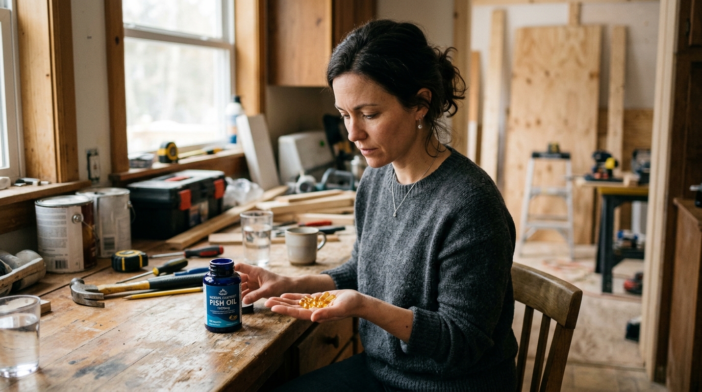 woman examining omega-3 supplements with building materials background