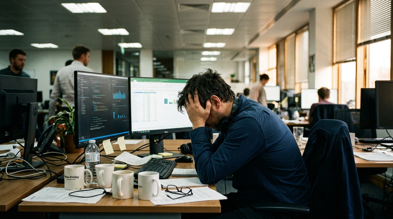 exhausted man at office desk mid-afternoon energy crash