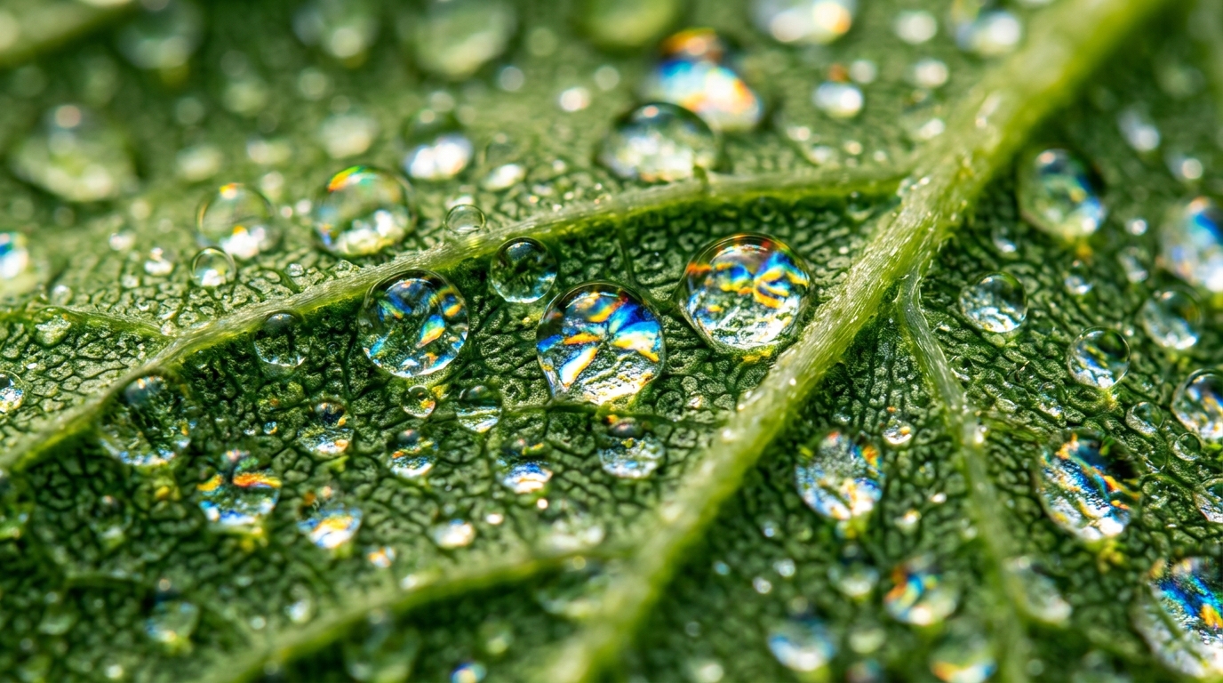 water droplets on leaf representing cellular mitochondrial networks