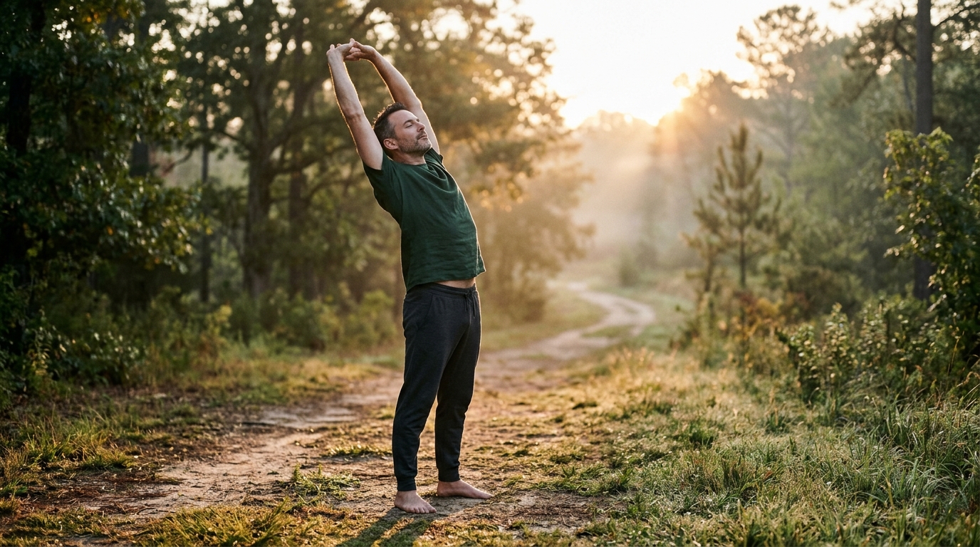 man stretching outdoors in morning sunlight