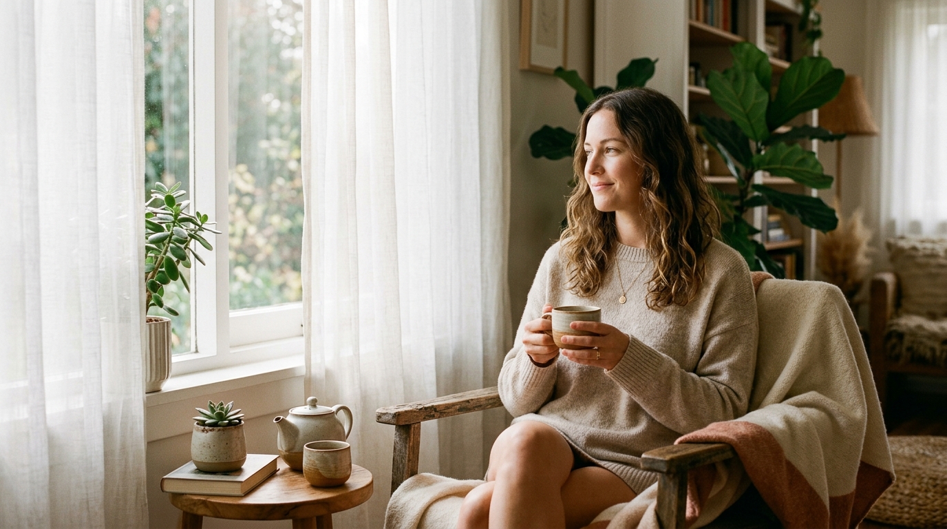 peaceful woman with morning tea in natural light