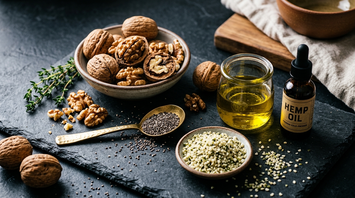 walnuts chia seeds hemp hearts olive oil slate surface