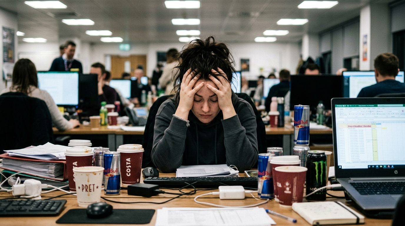 tired woman office desk coffee cups energy drinks
