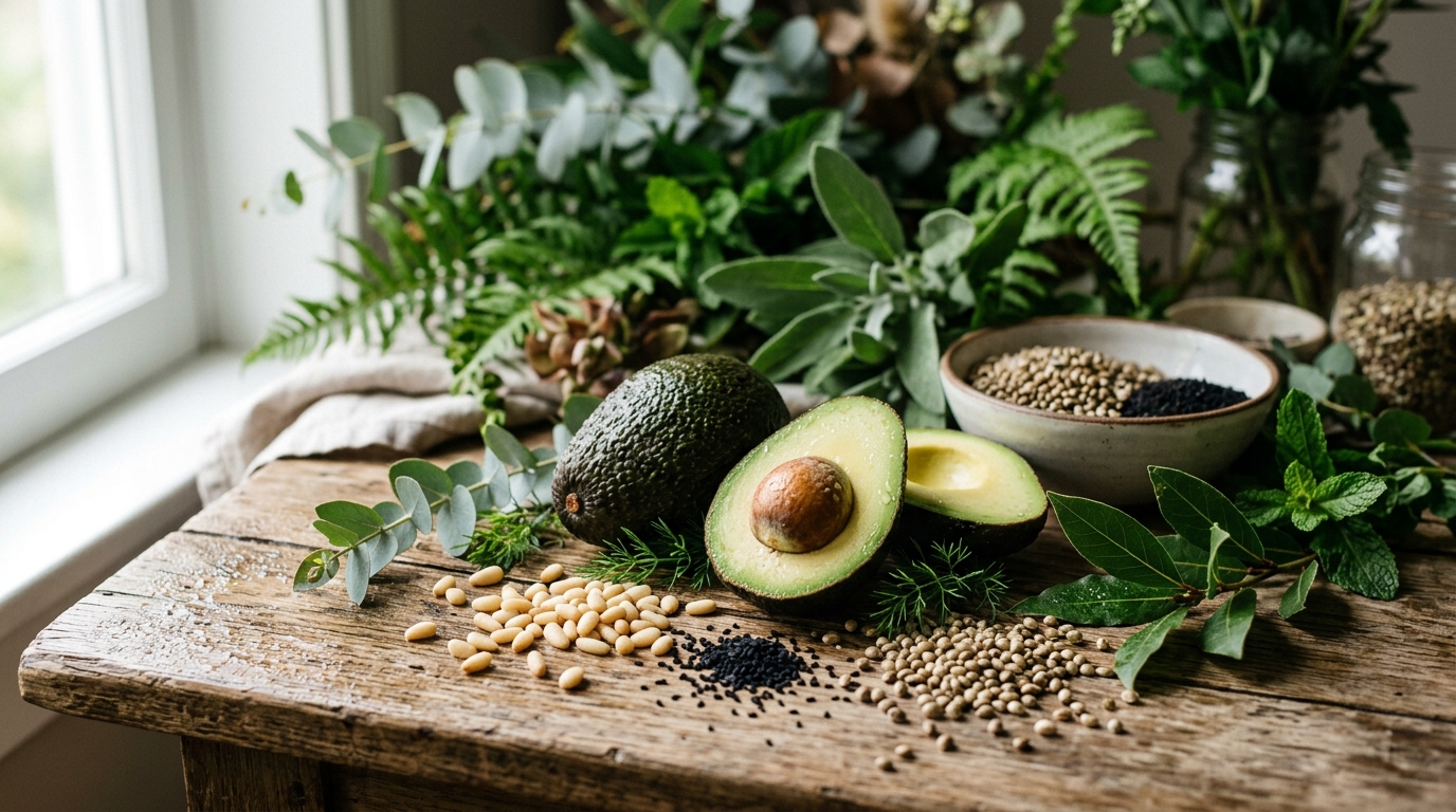 avocados pine nuts hemp seeds black cumin weathered wood