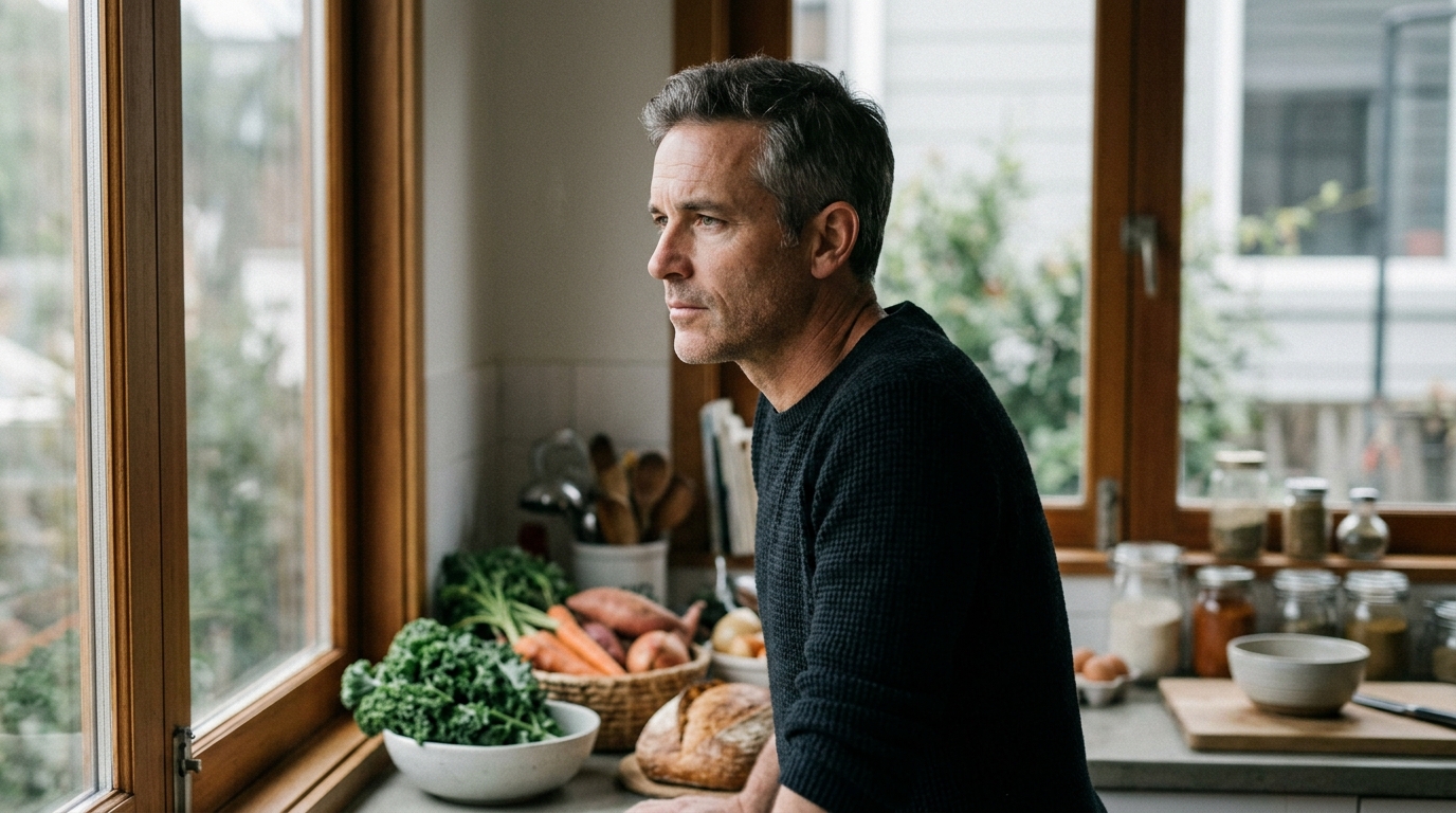 contemplative man kitchen window morning light vegetables counter